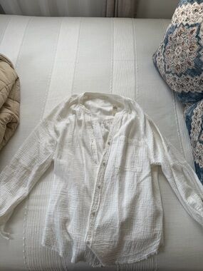 aerie White Textured Button-Front Top